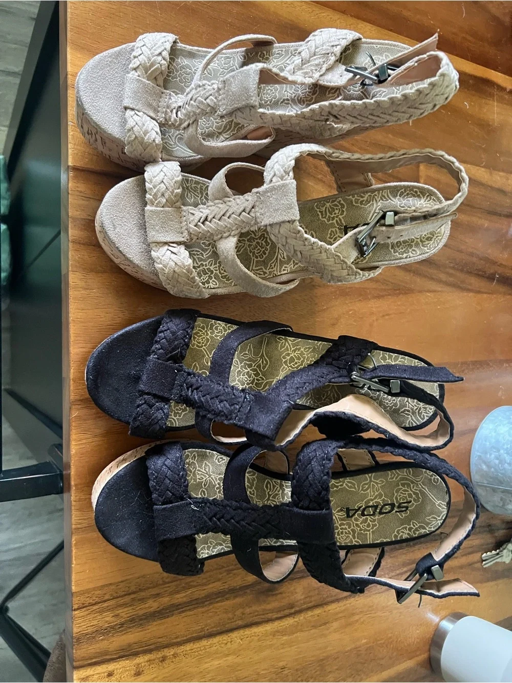 Soda Braided Wedge Sandals - Beige and Black 8.5